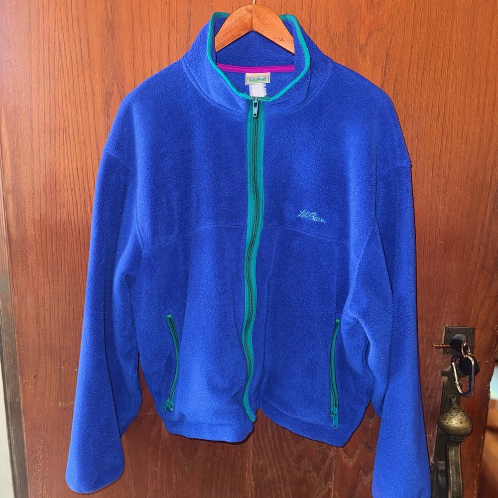 VINTAGE MADE IN USA L.L. BEAN Blue Fleece Jacket with Green & pink Accents; .